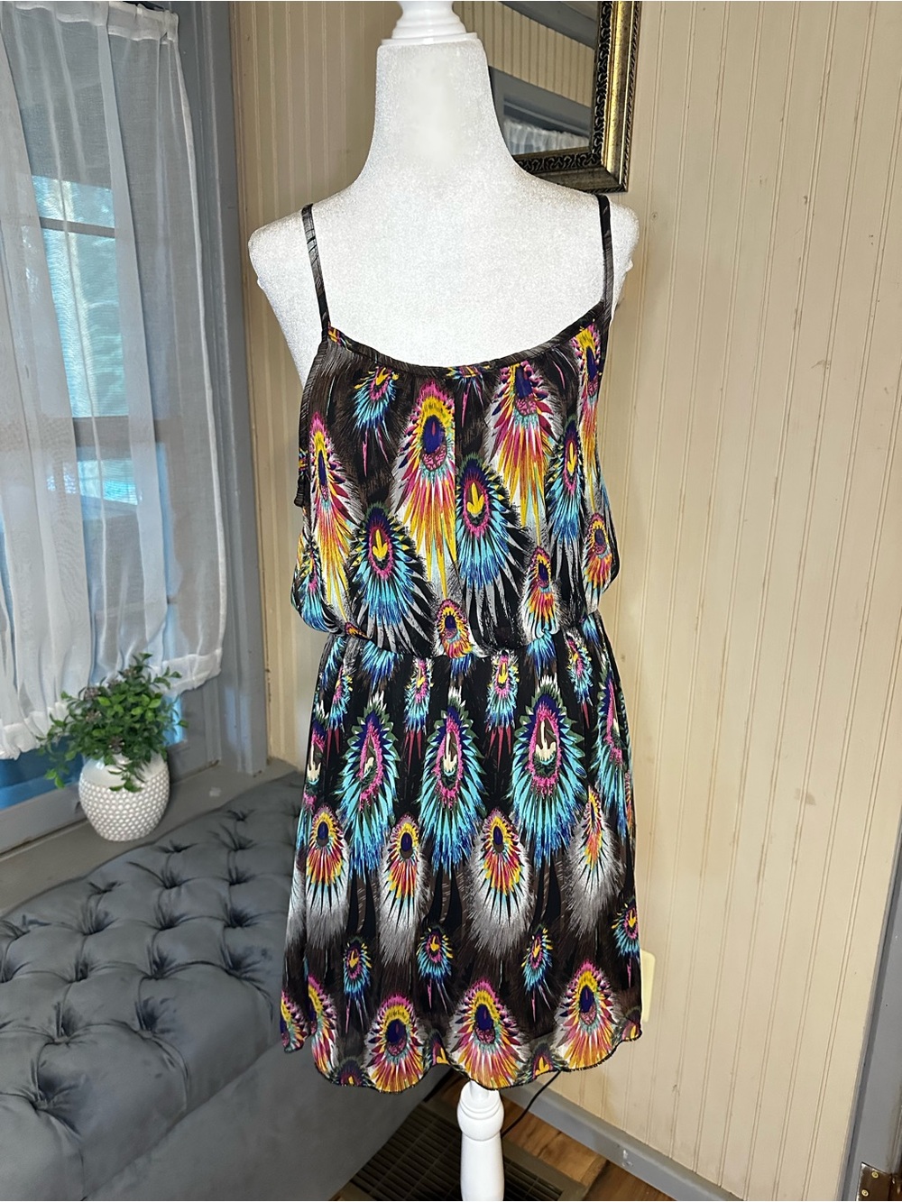 Poetry Clothing Peacock Feather Print Chiffon Dress Black Multicolor Y2K Size S